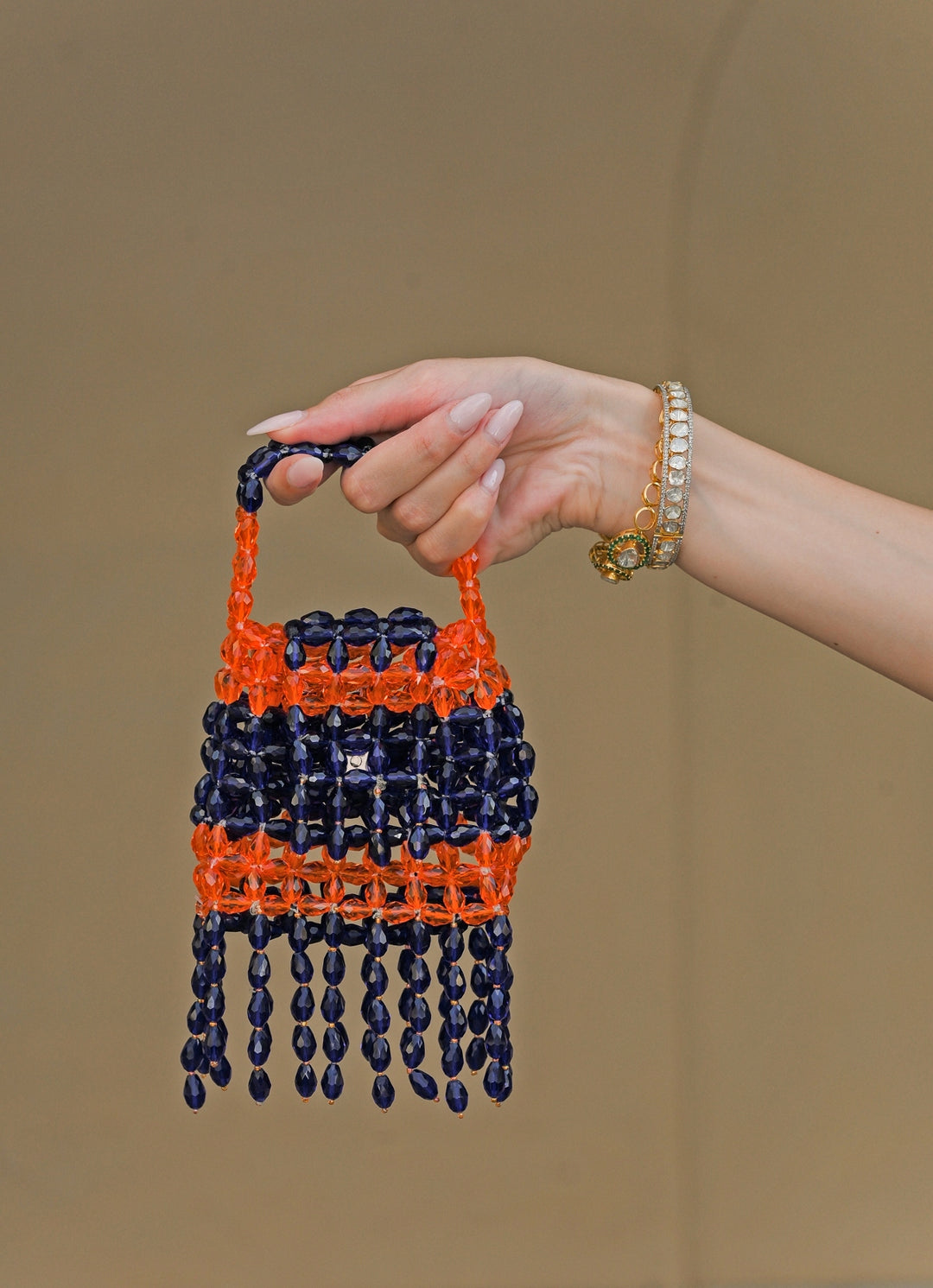 Orange And Navy Blue Crystal Tassel Potli