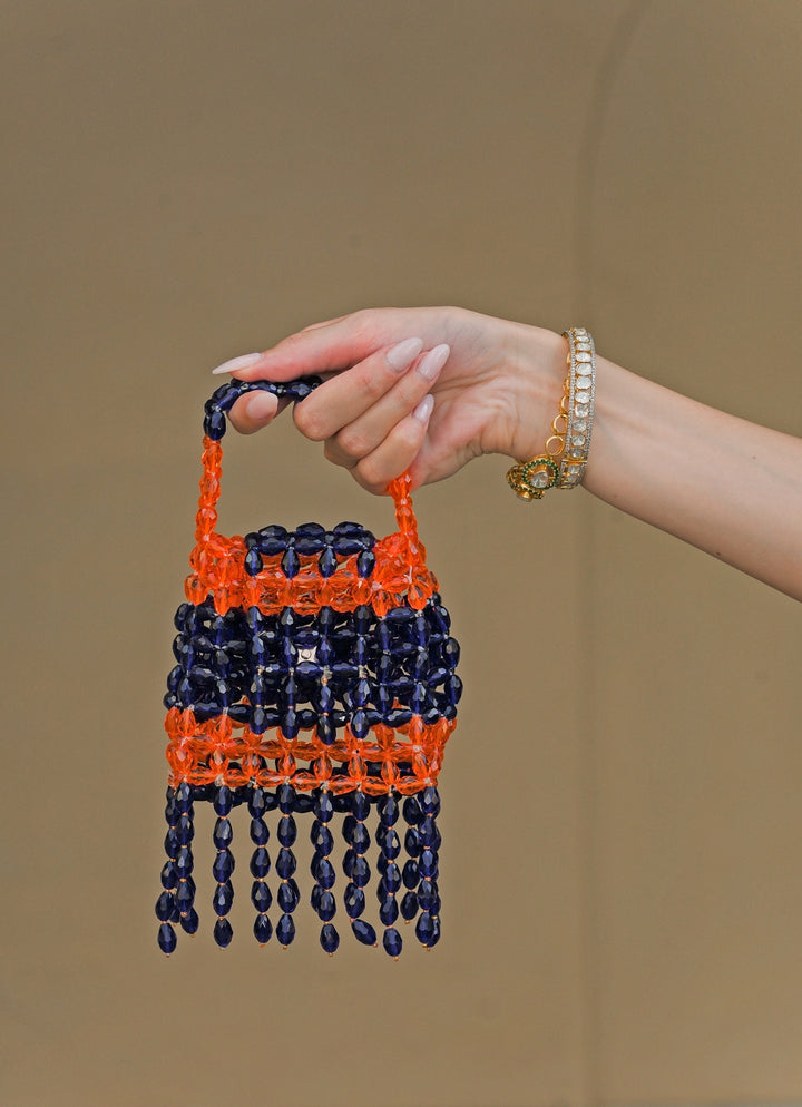Orange And Navy Blue Crystal Tassel Potli