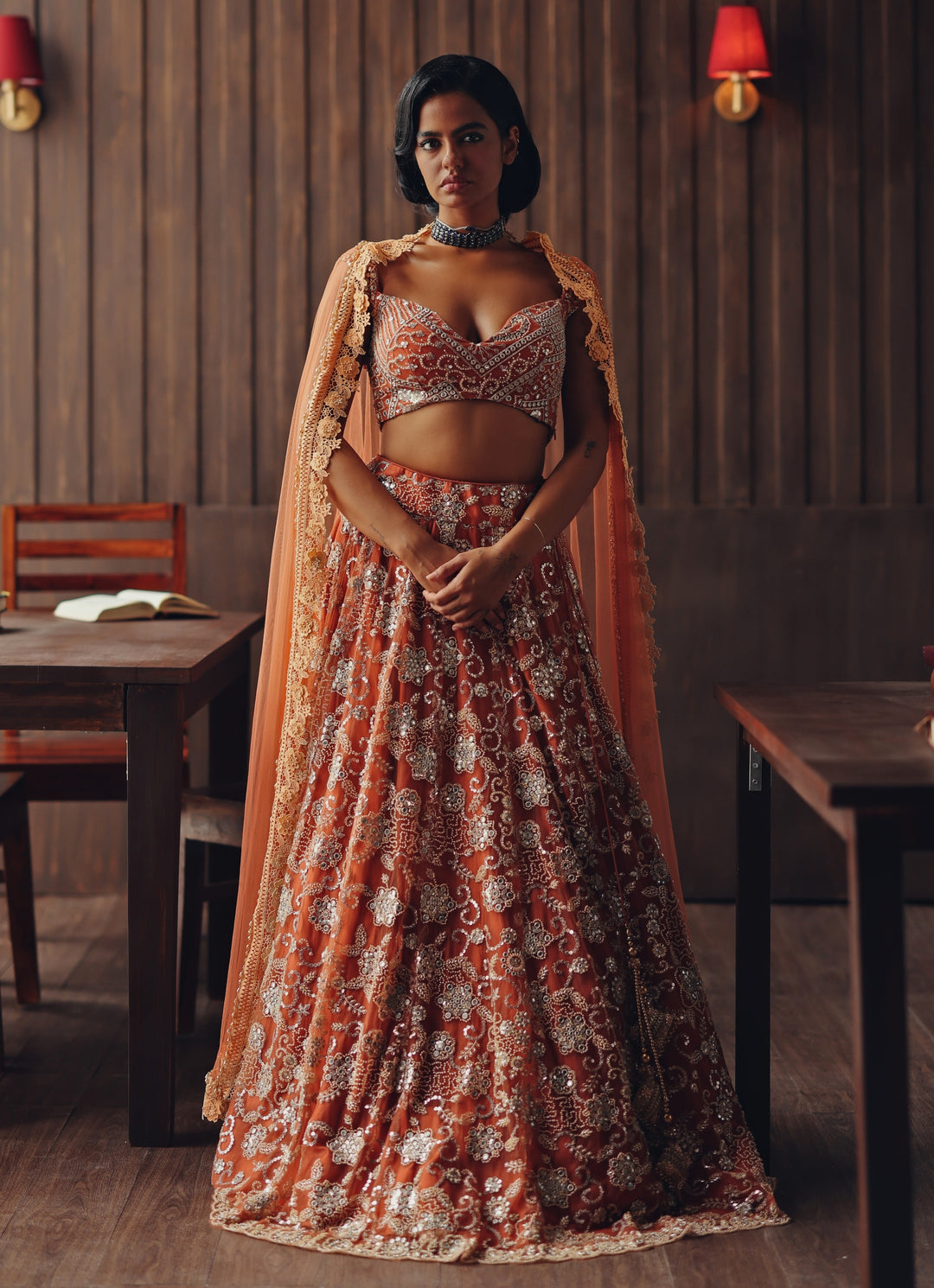 Rust Orange Soft Net Mirror Lehenga