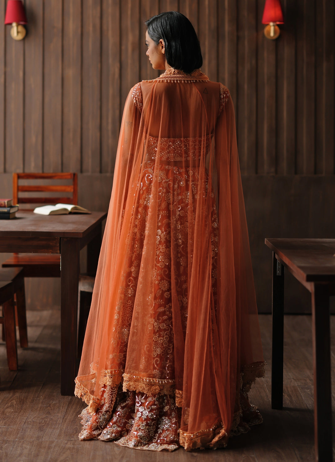 Rust Orange Soft Net Mirror Lehenga