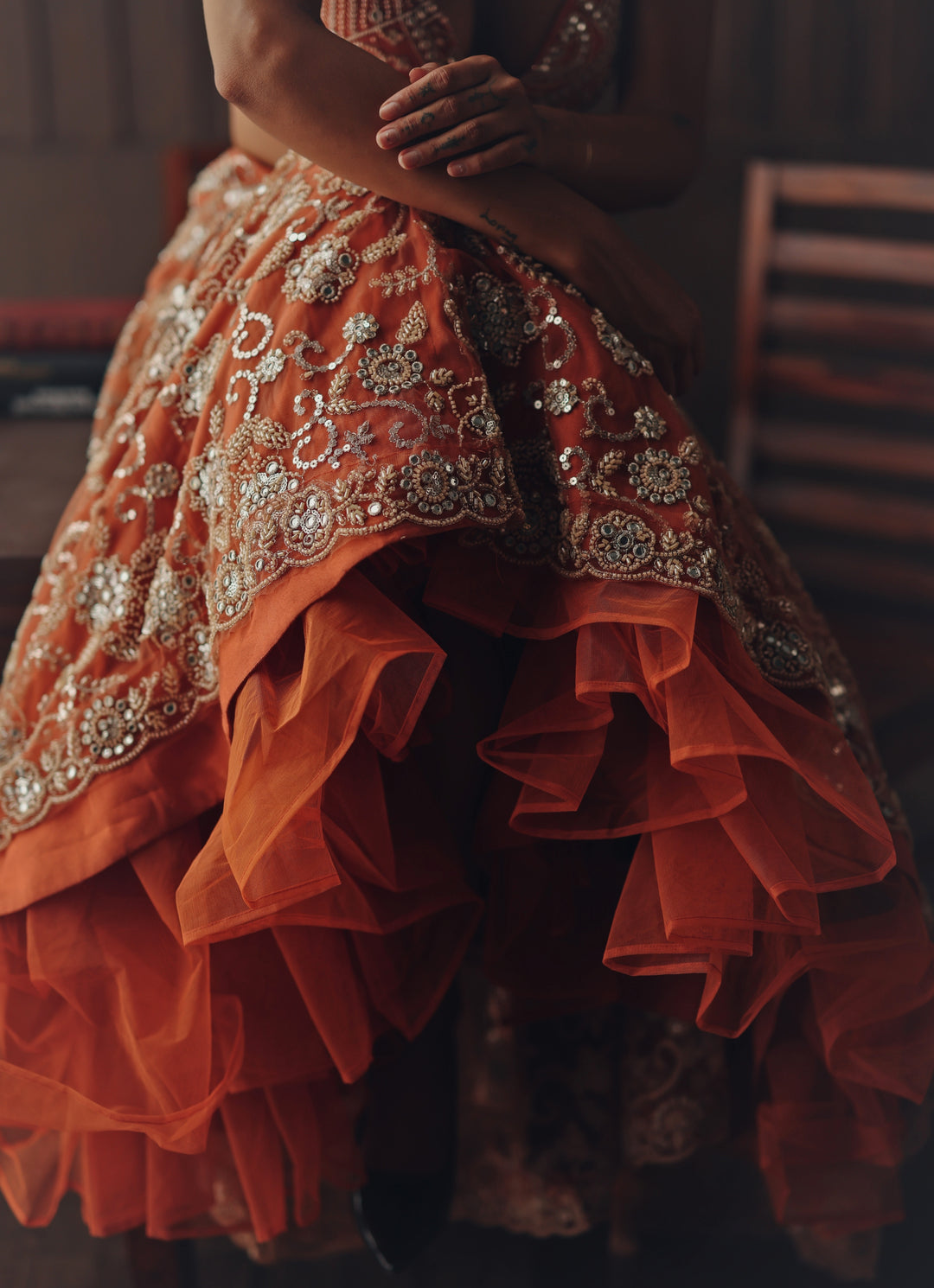 Rust Orange Soft Net Mirror Lehenga
