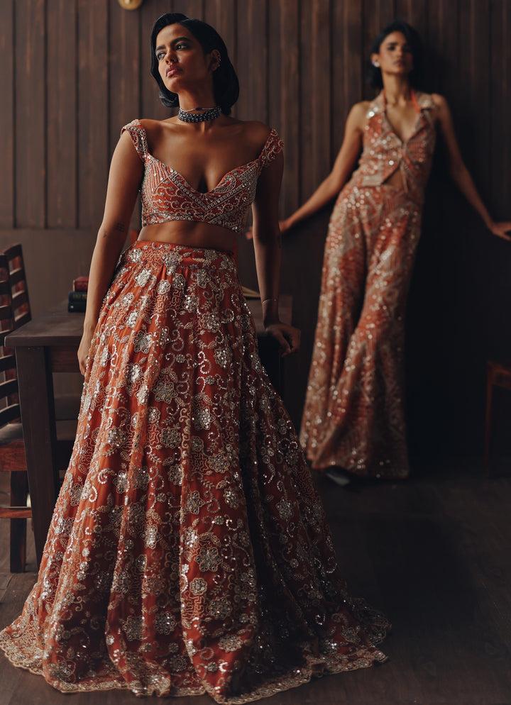 Rust Orange Soft Net Mirror Lehenga