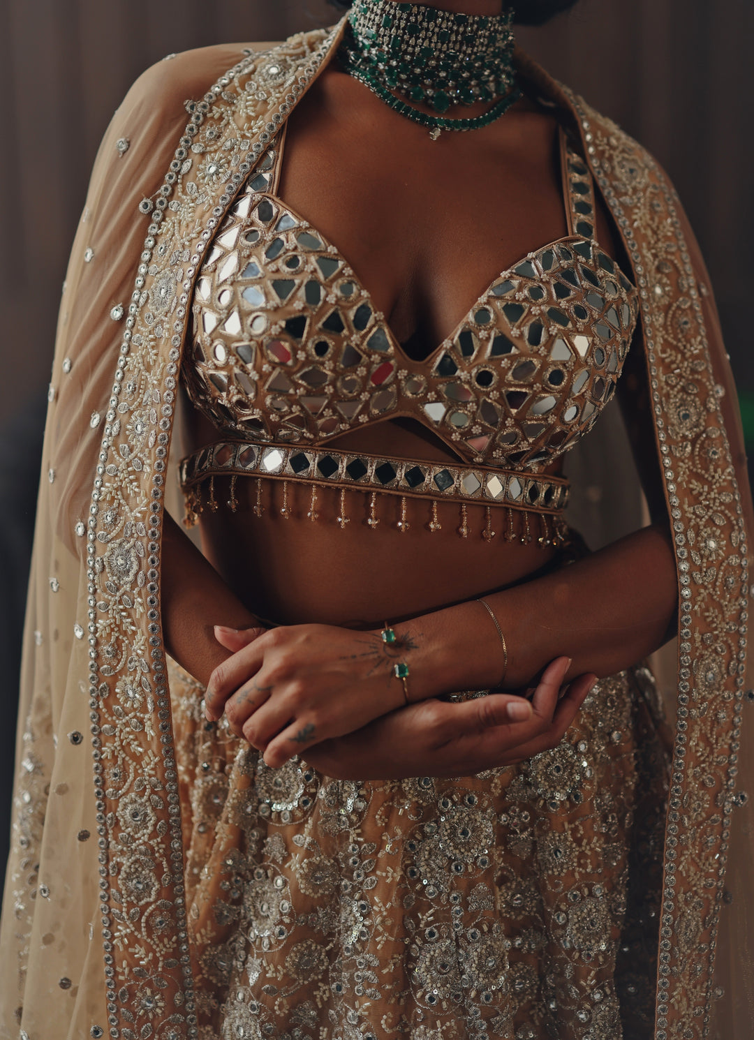 Beige Gold Soft Net Mirror Lehenga