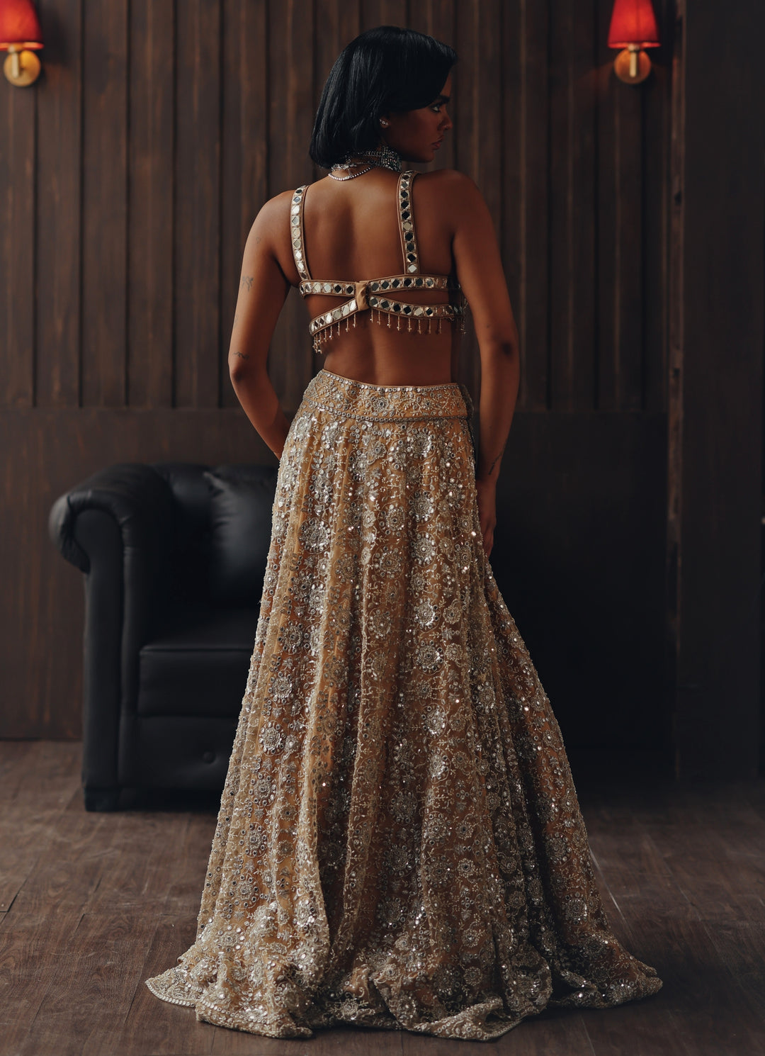 Beige Gold Soft Net Mirror Lehenga