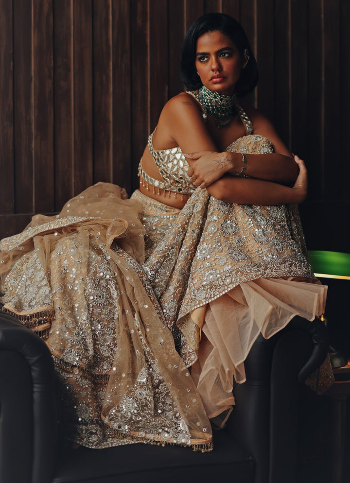 Beige Gold Soft Net Mirror Lehenga