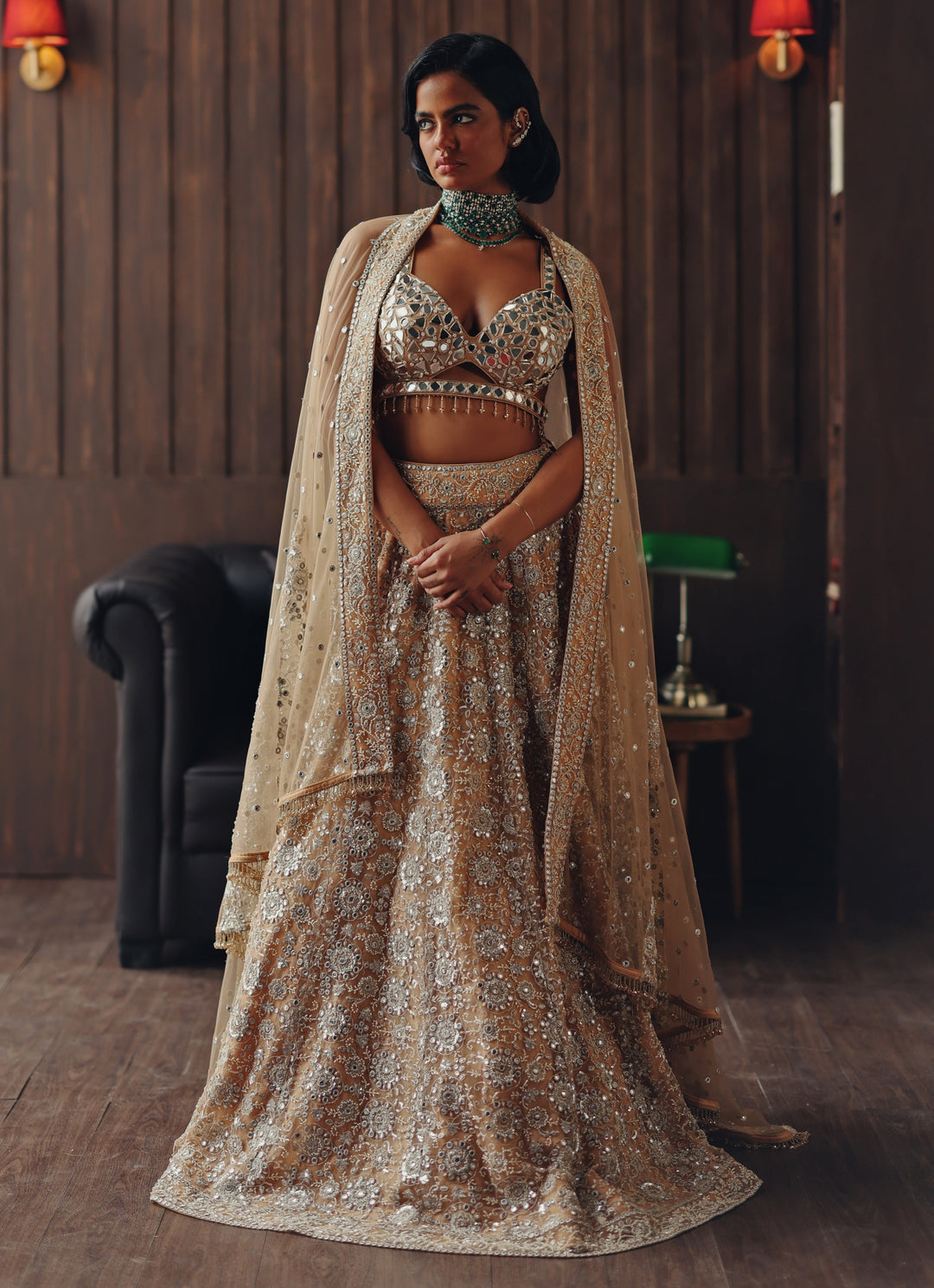 Beige Gold Soft Net Mirror Lehenga