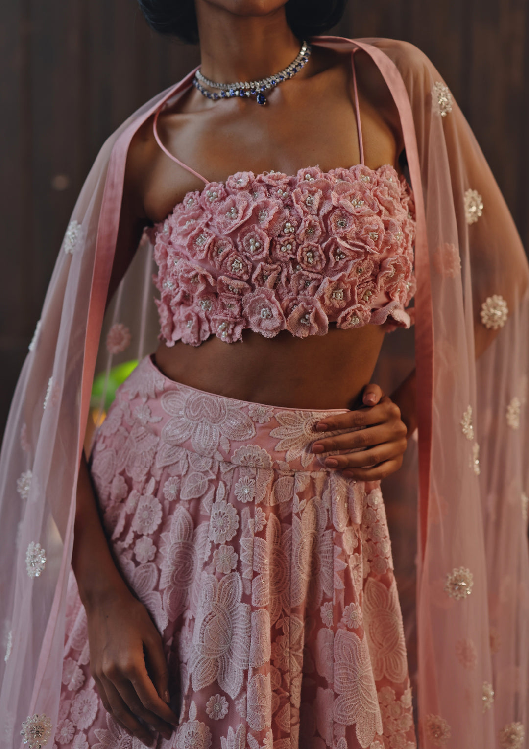 Pastel Pink Soft Net Floral Lehenga