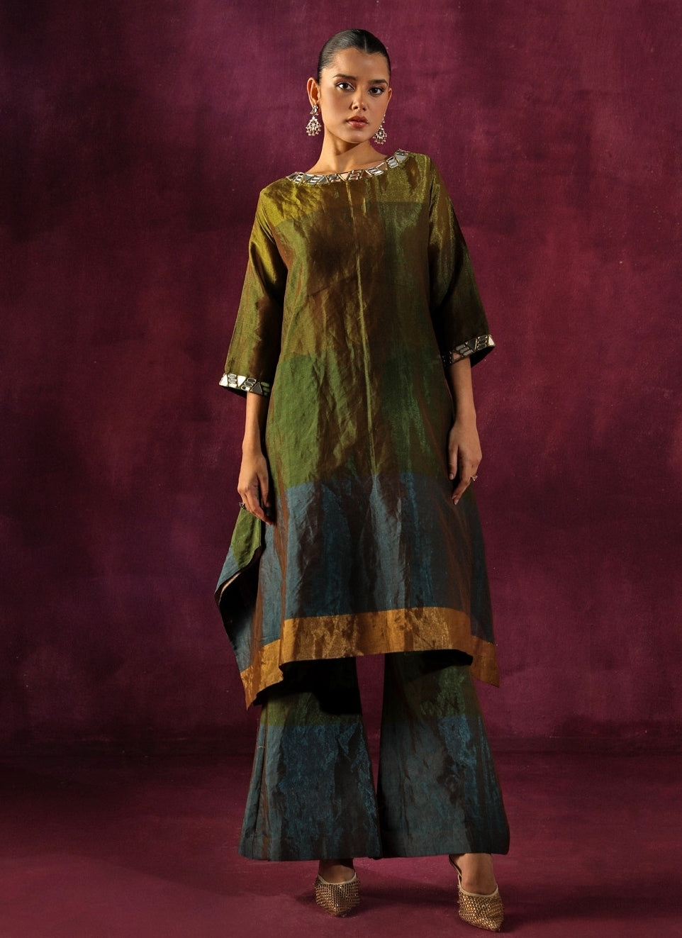 Green And Blue Banarasi Tissue Kurta Pants Set