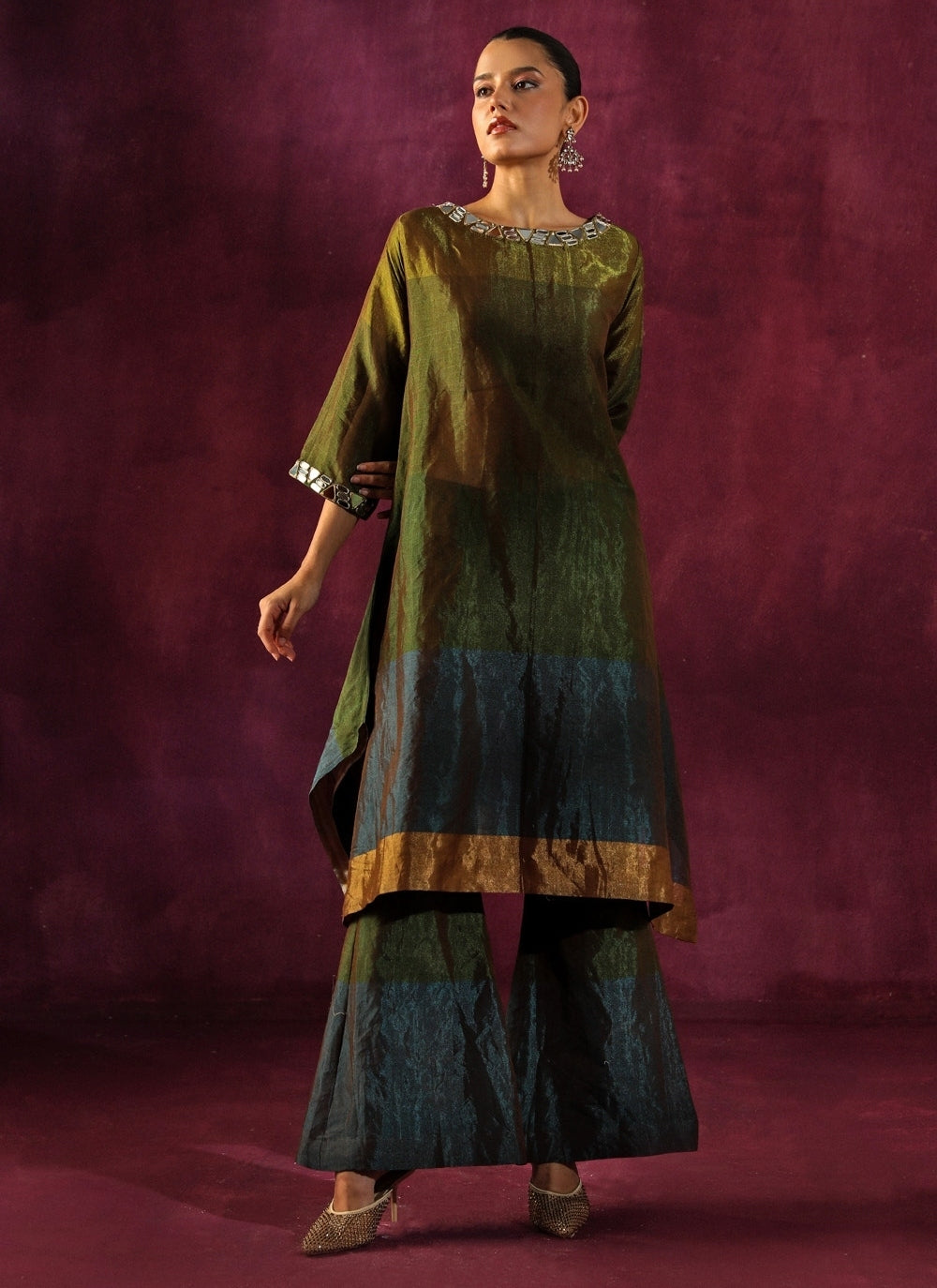 Green And Blue Banarasi Tissue Kurta Pants Set