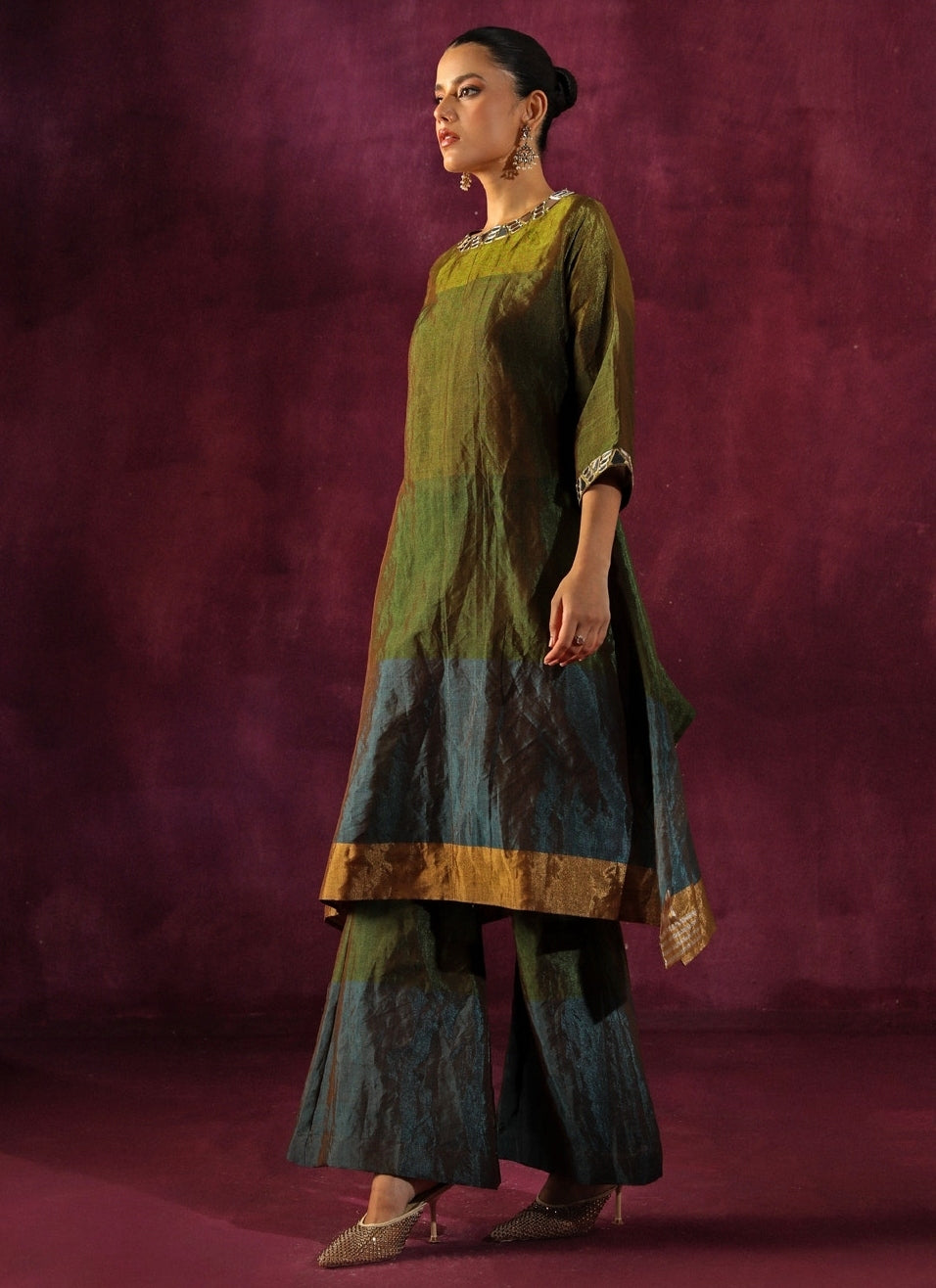 Green And Blue Banarasi Tissue Kurta Pants Set