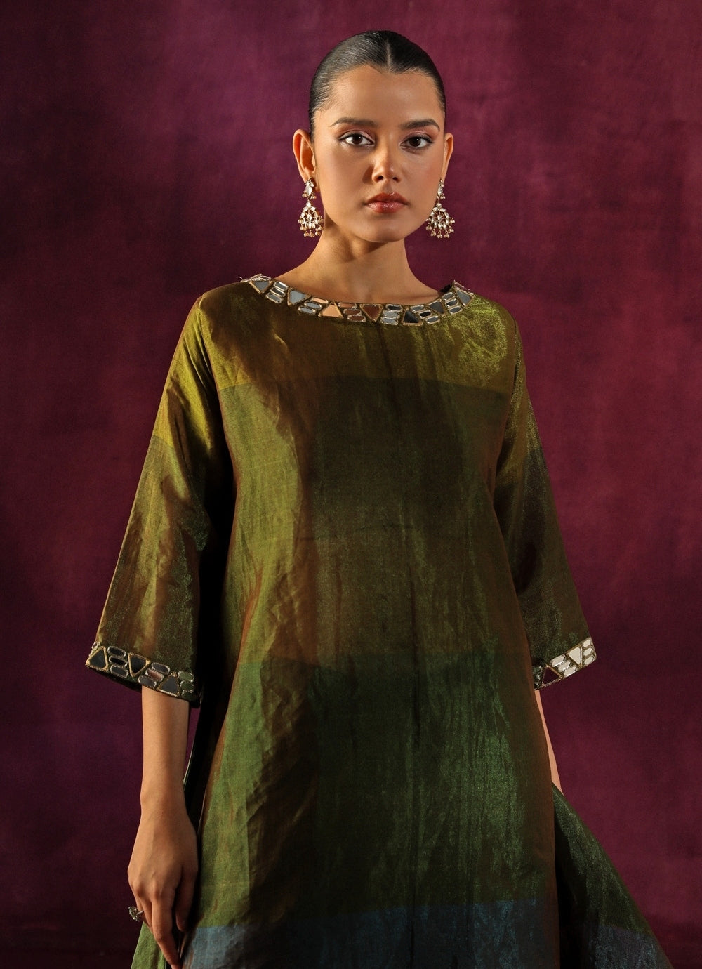 Green And Blue Banarasi Tissue Kurta Pants Set