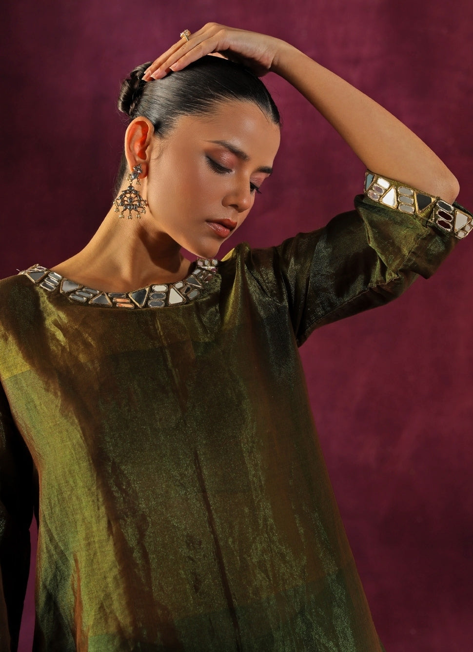 Green And Blue Banarasi Tissue Kurta Pants Set