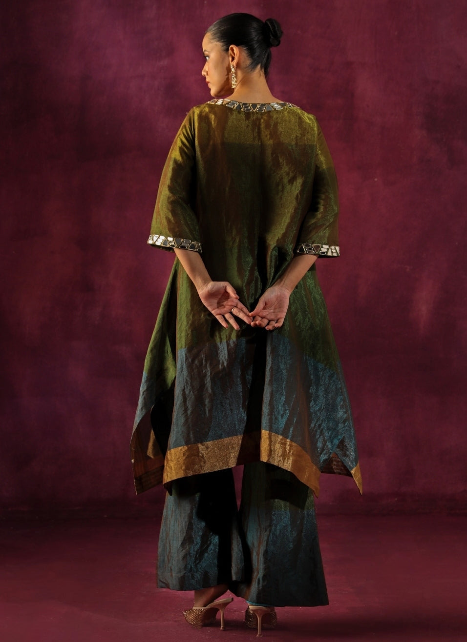 Green And Blue Banarasi Tissue Kurta Pants Set