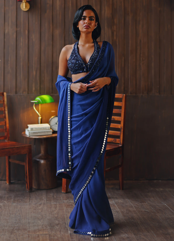 Blue Embroidered Georgette Ombre Saree