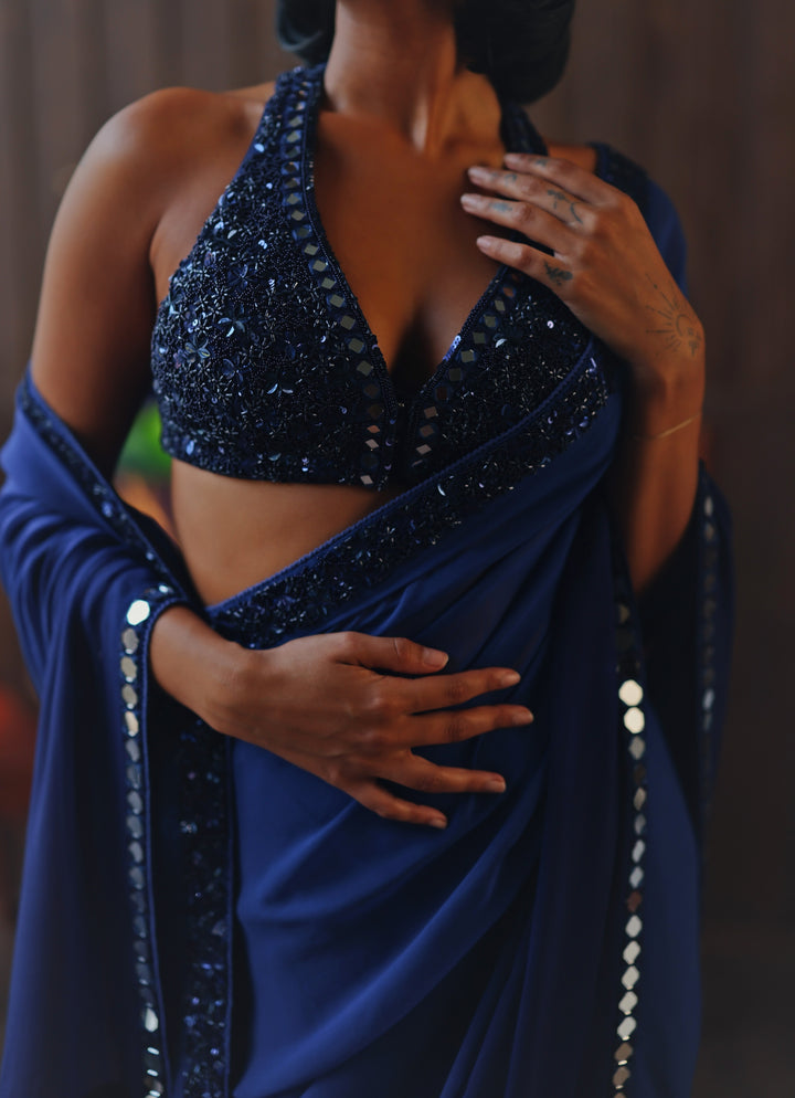 Blue Embroidered Georgette Ombre Saree