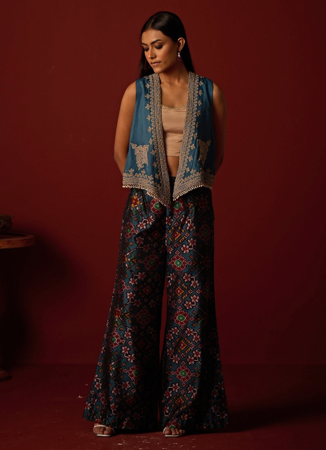 Teal Blue Satin Silk Palazzo Set With Gilet