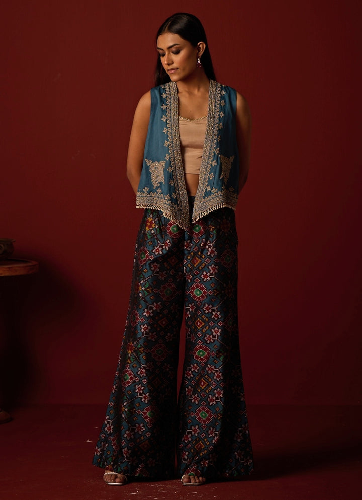 Teal Blue Satin Silk Palazzo Set With Gilet