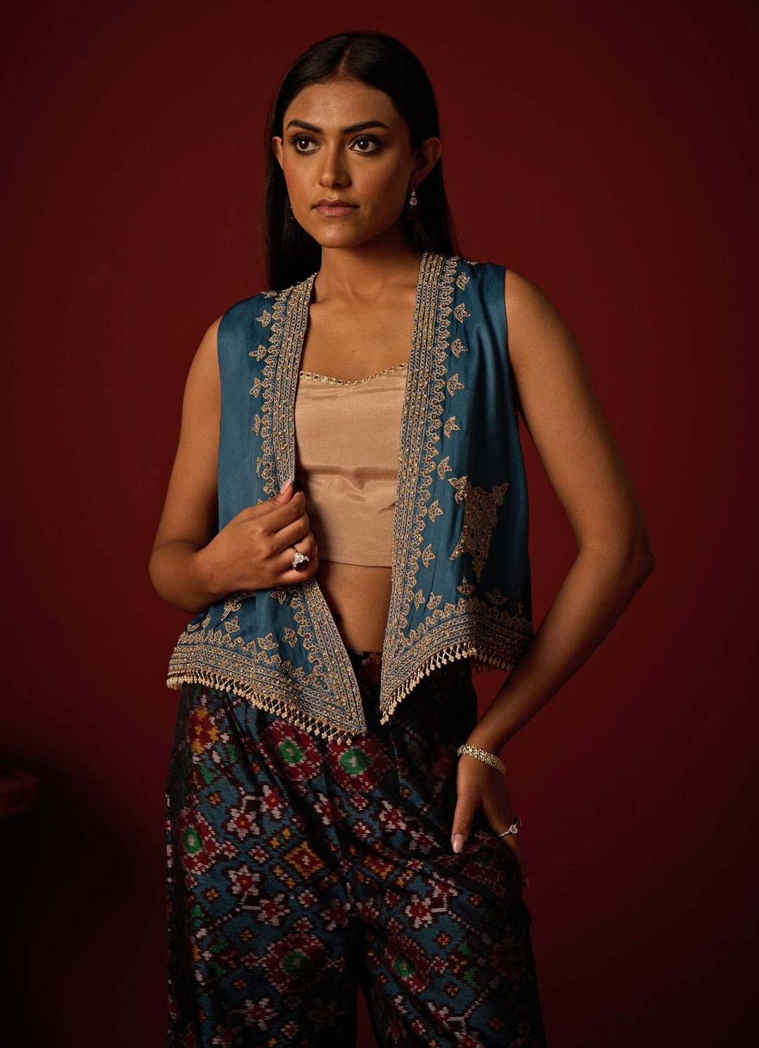 Teal Blue Satin Silk Palazzo Set With Gilet