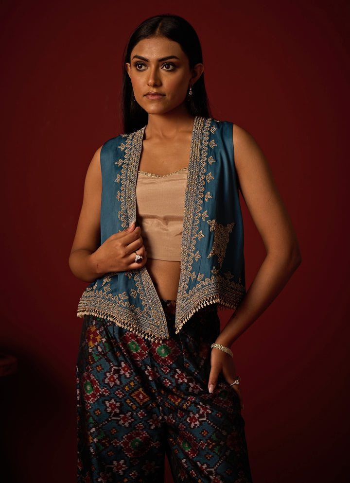 Teal Blue Satin Silk Palazzo Set With Gilet