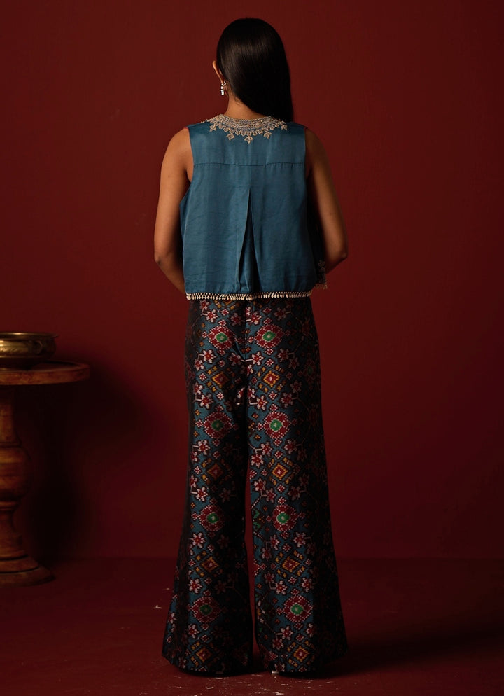 Teal Blue Satin Silk Palazzo Set With Gilet