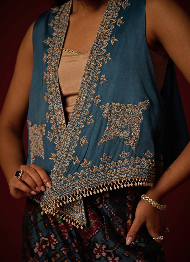 Teal Blue Satin Silk Palazzo Set With Gilet