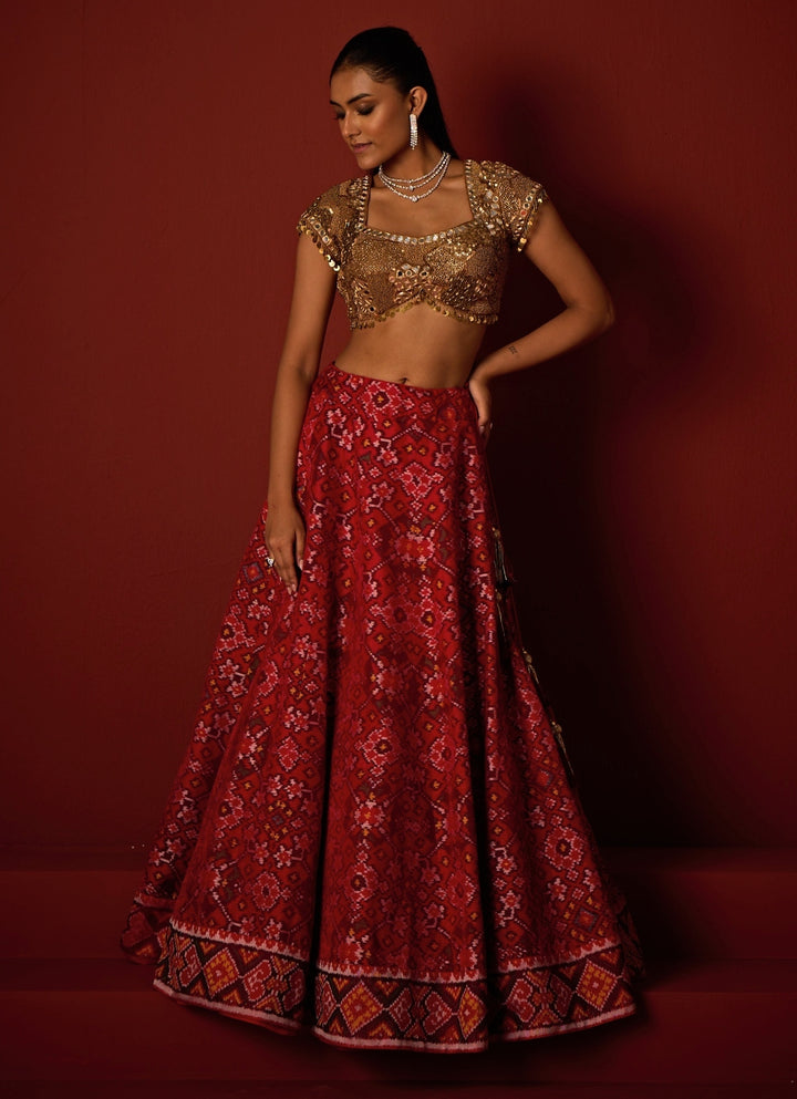 Red And Gold Patola Silk Lehenga Set