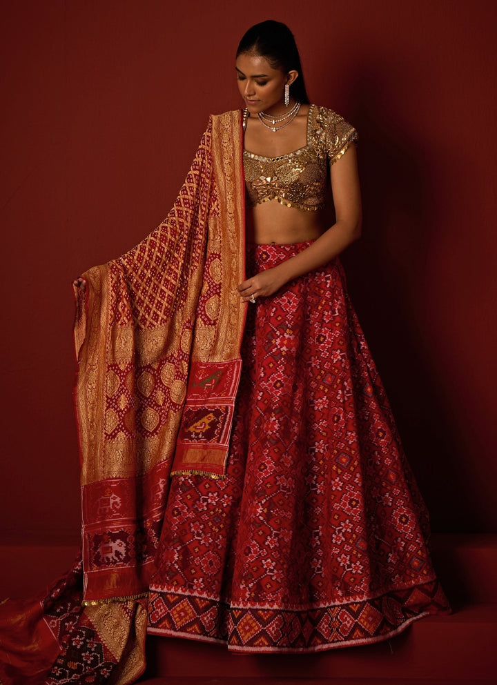 Red And Gold Patola Silk Lehenga Set