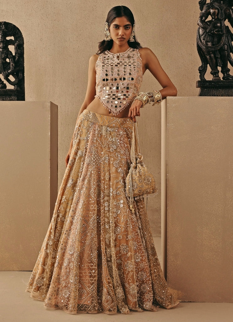 Peach Gold Soft Net Mirrorwork Corset Lehenga