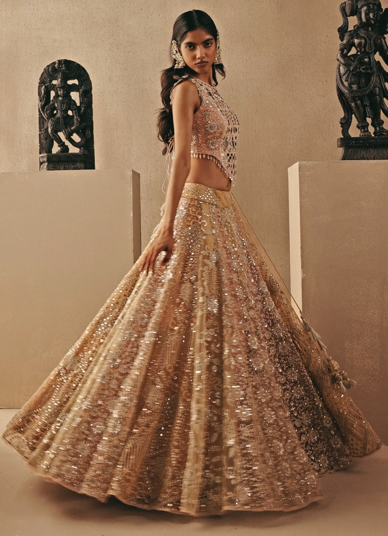 Peach Gold Soft Net Mirrorwork Corset Lehenga