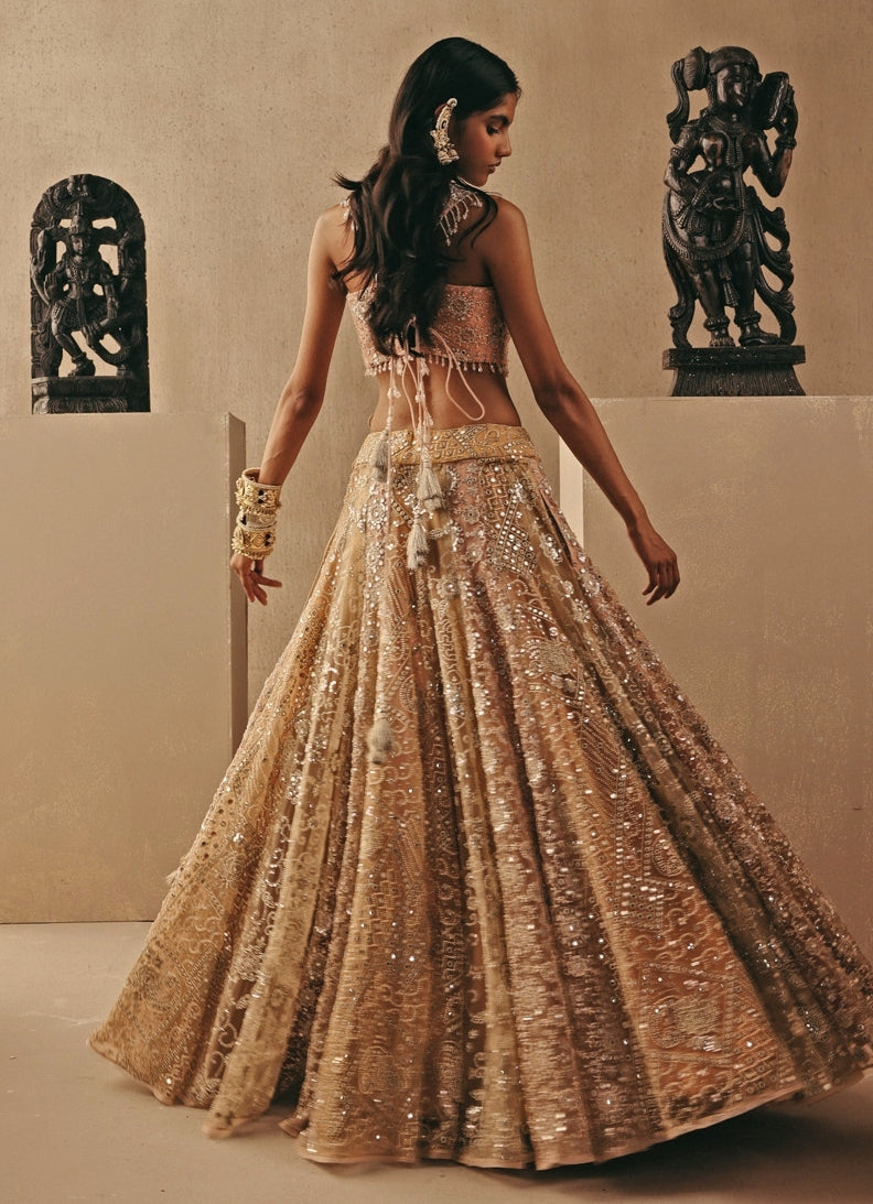 Peach Gold Soft Net Mirrorwork Corset Lehenga