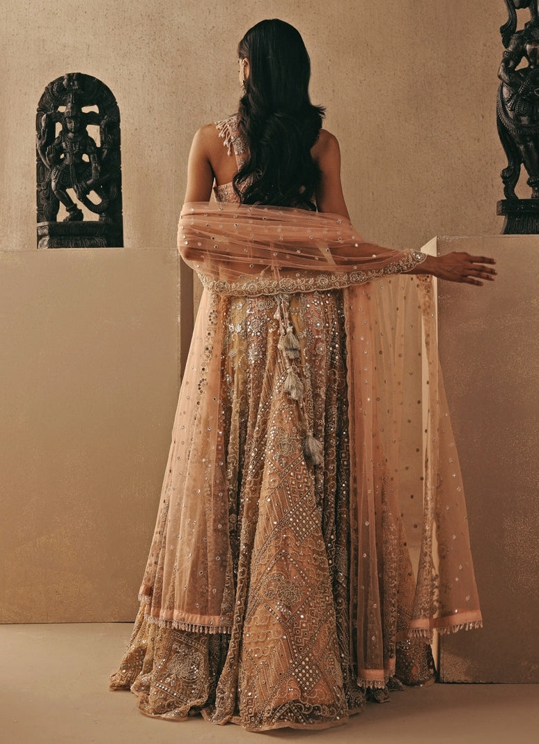 Peach Gold Soft Net Mirrorwork Corset Lehenga