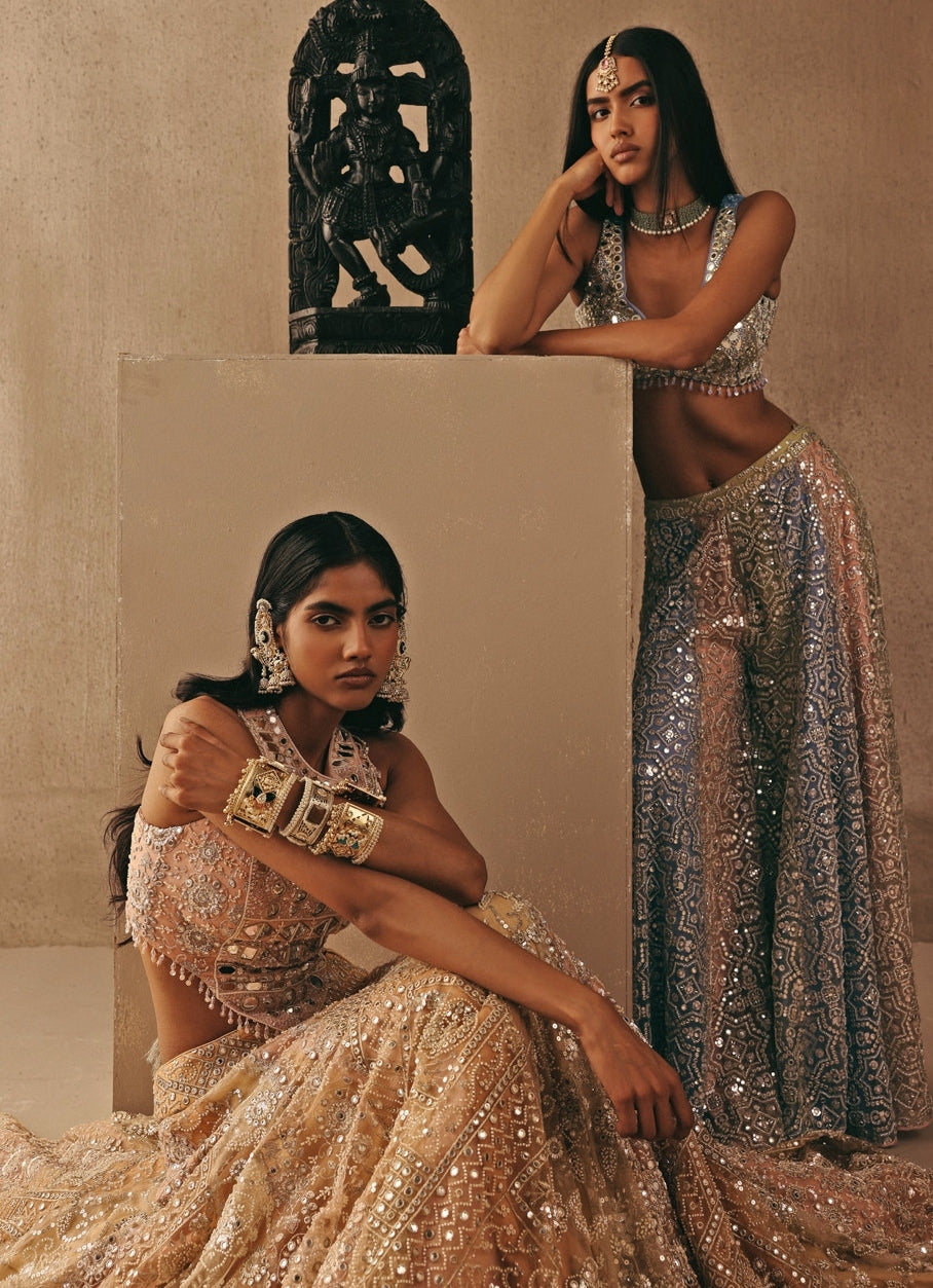 Peach Gold Soft Net Mirrorwork Corset Lehenga