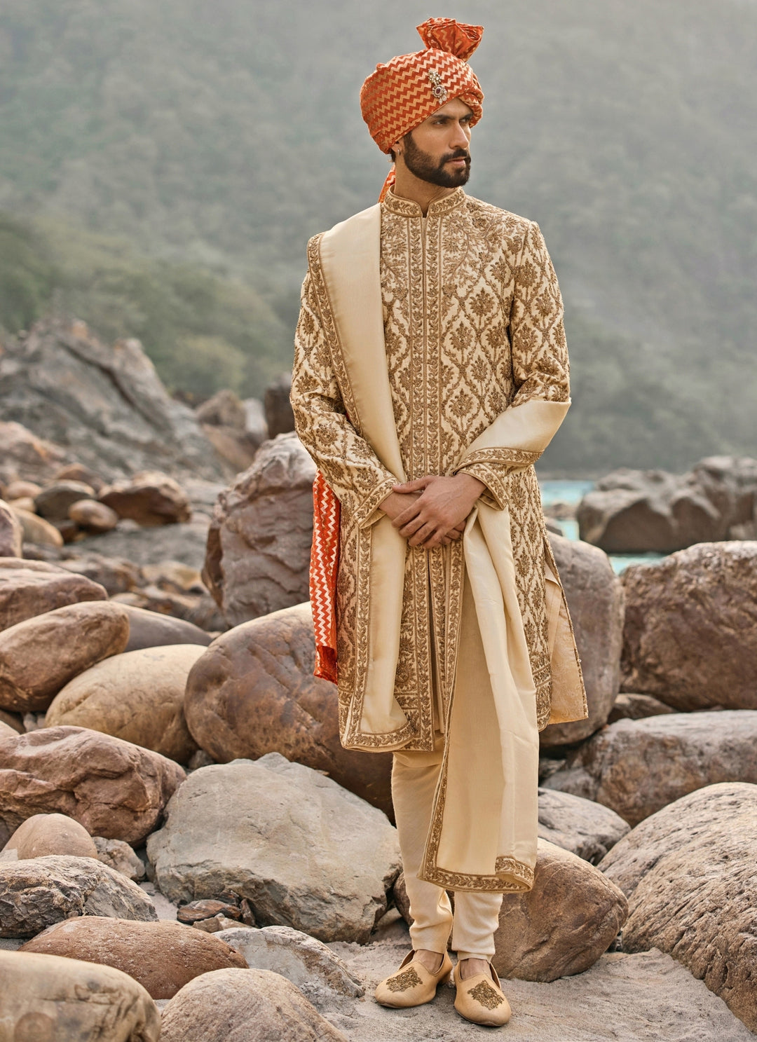 Beige Raw Silk Sherwani Set