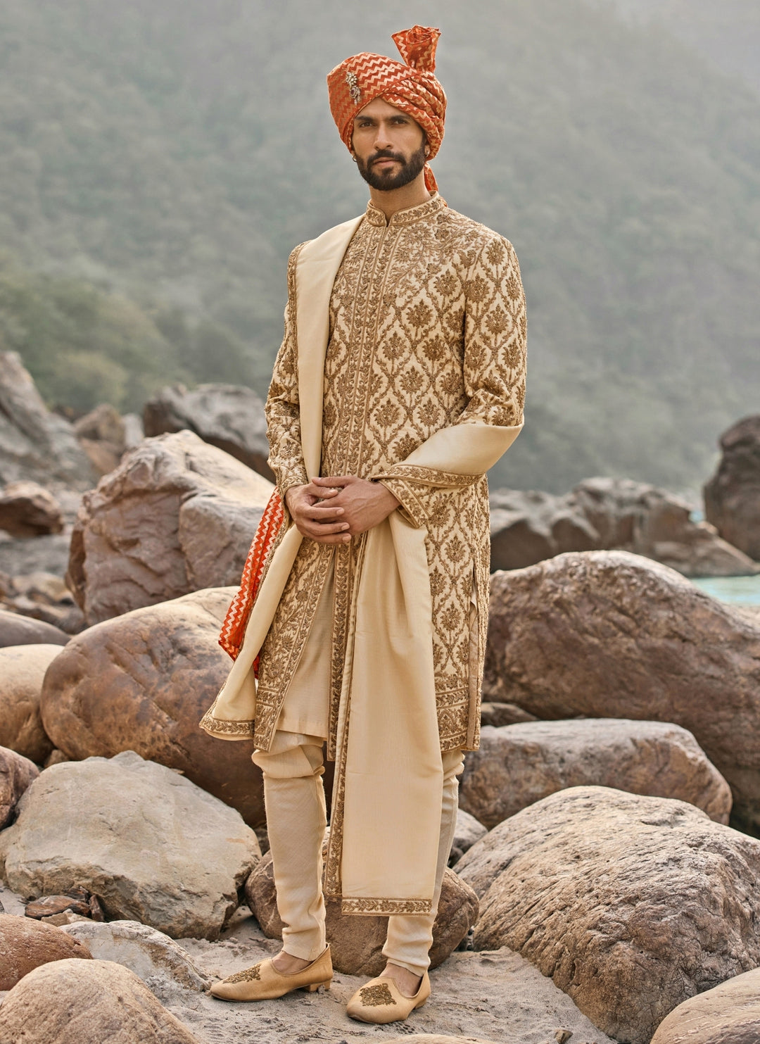 Beige Raw Silk Sherwani Set
