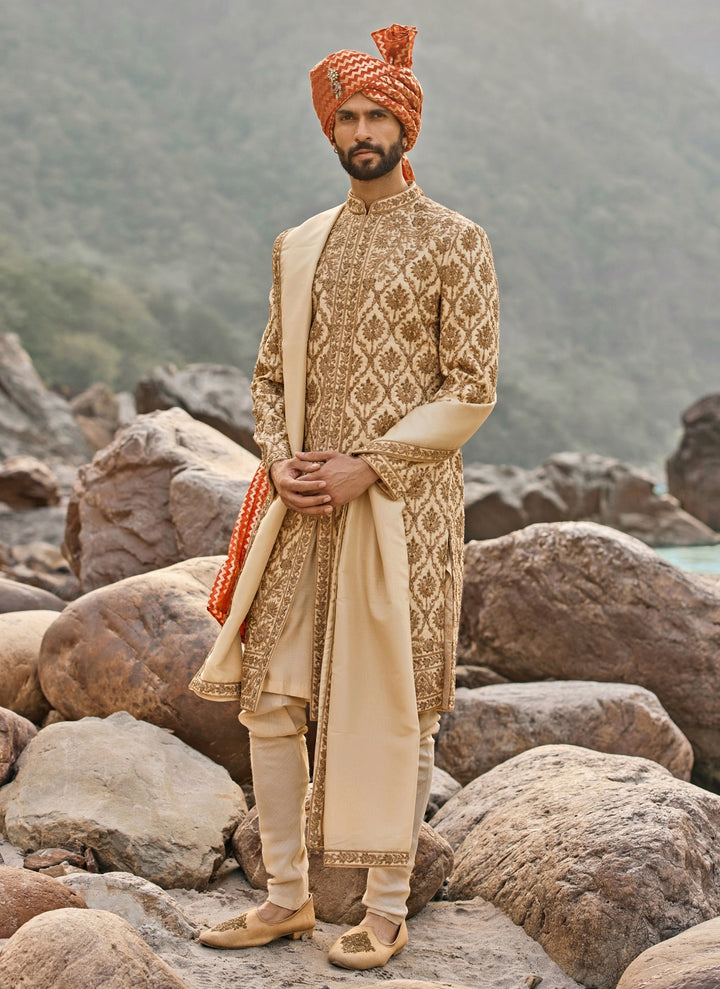 Beige Raw Silk Sherwani Set
