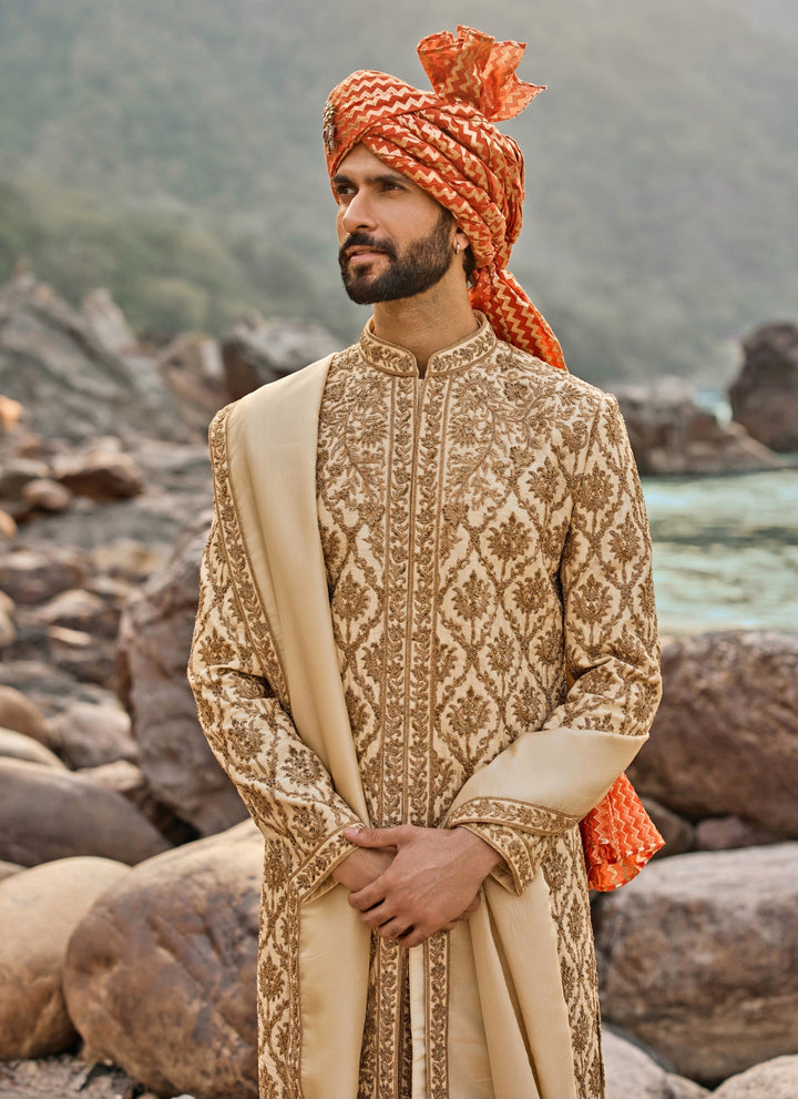 Beige Raw Silk Sherwani Set