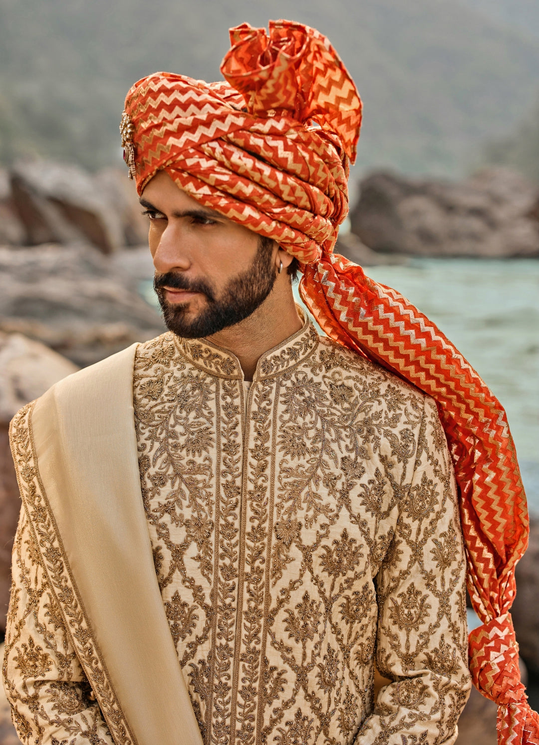 Beige Raw Silk Sherwani Set