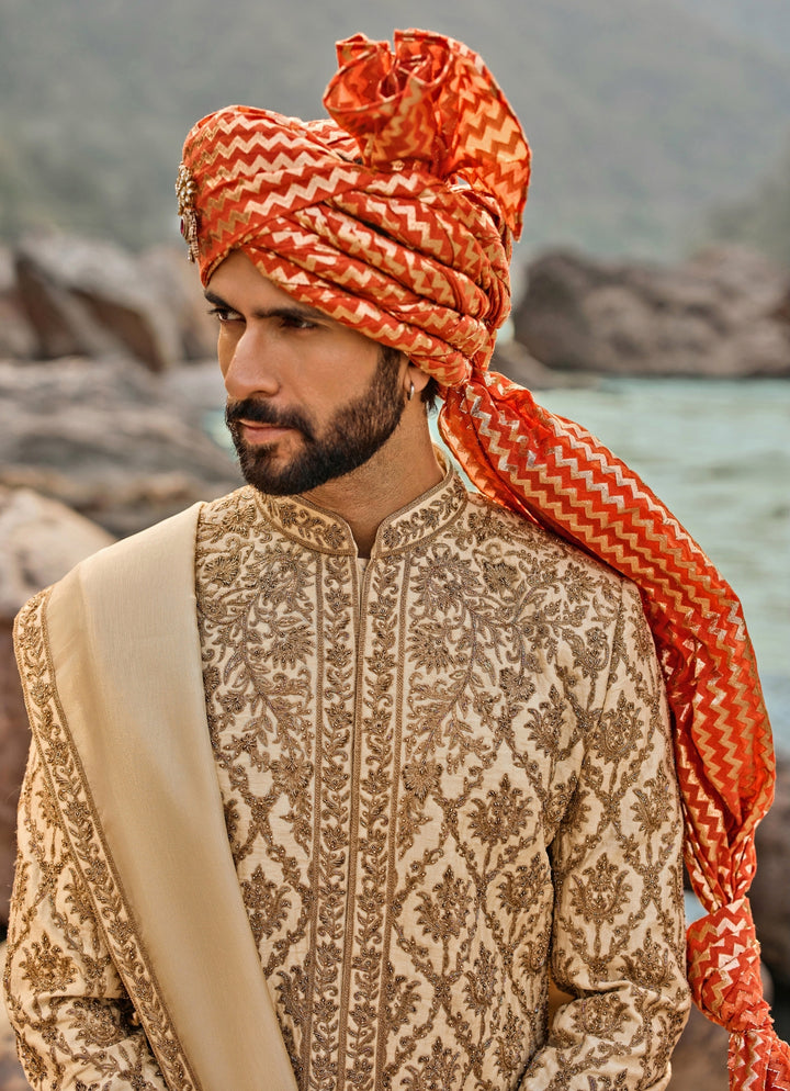 Beige Raw Silk Sherwani Set