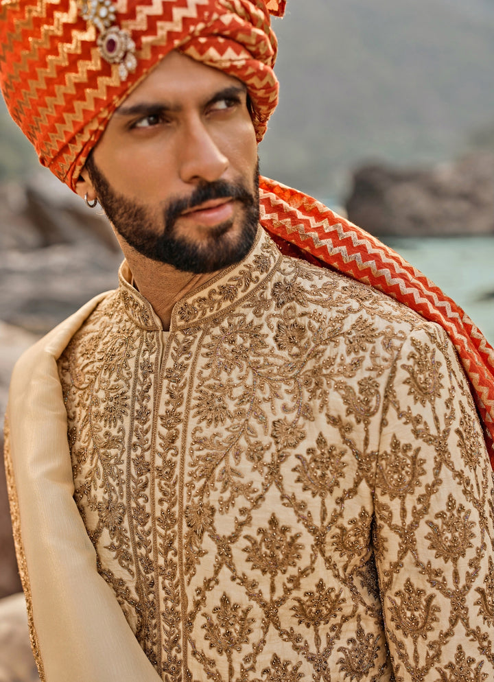 Beige Raw Silk Sherwani Set