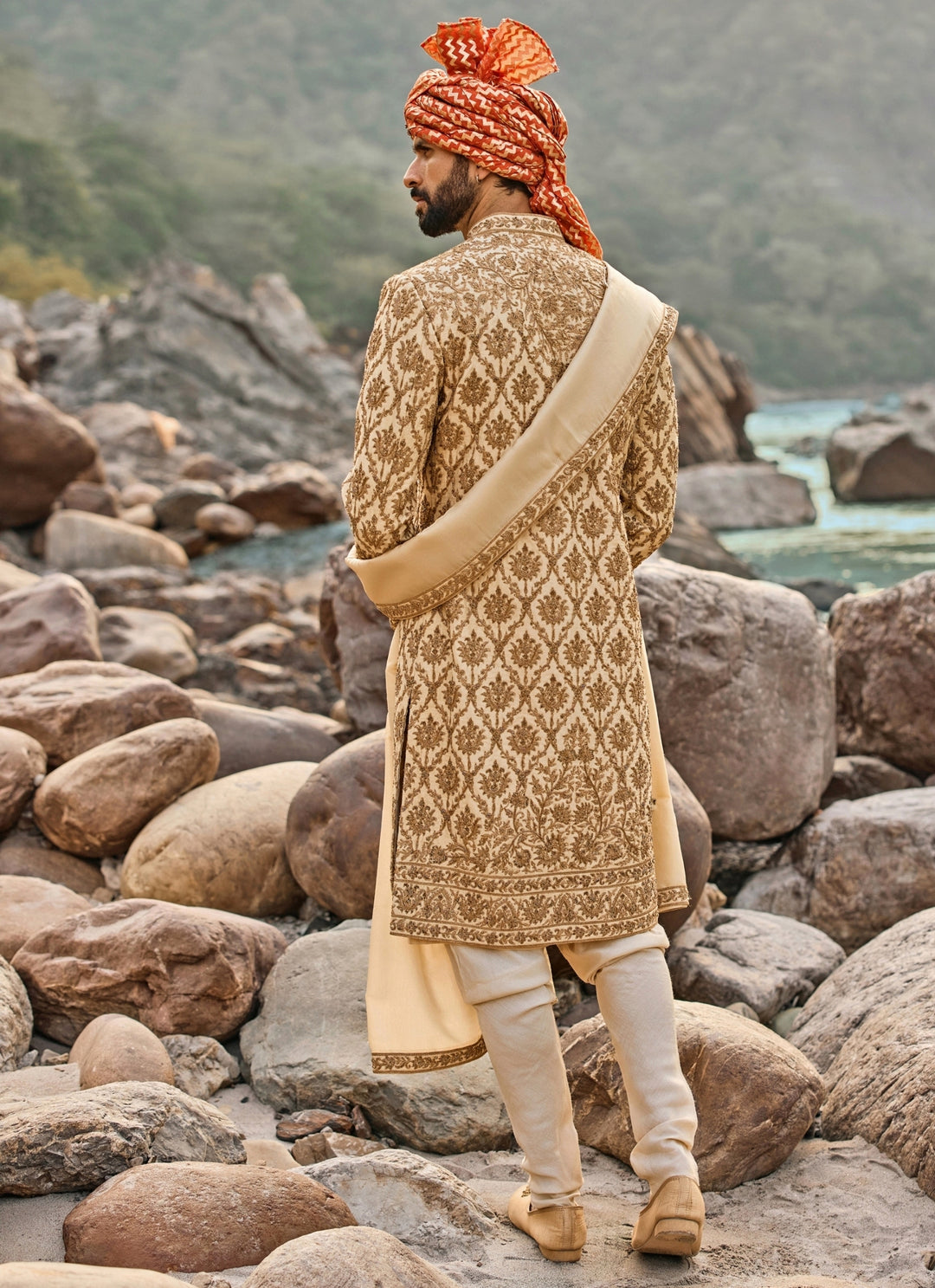 Beige Raw Silk Sherwani Set
