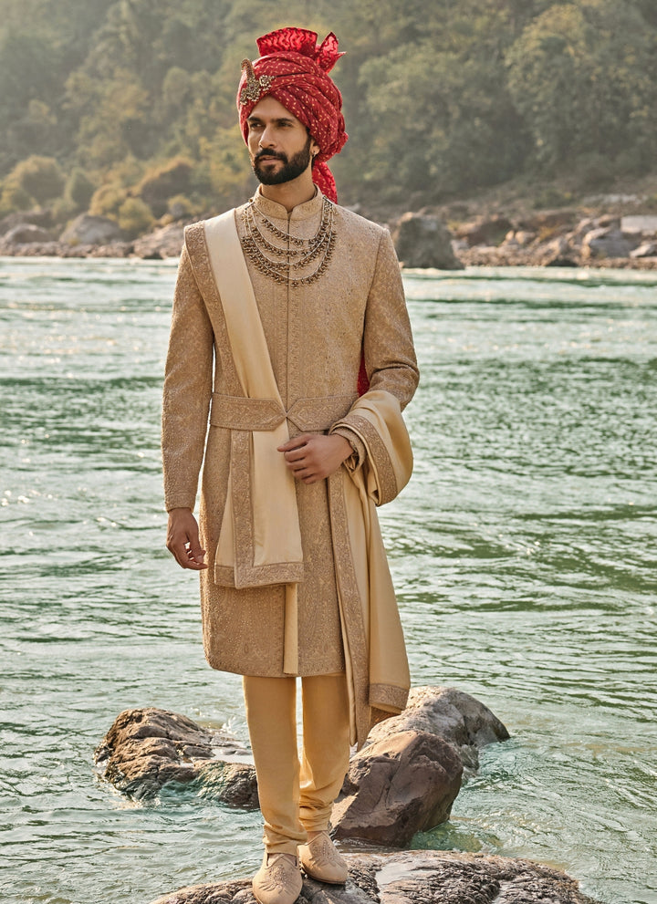 Muted Brown Raw Silk Sherwani Set