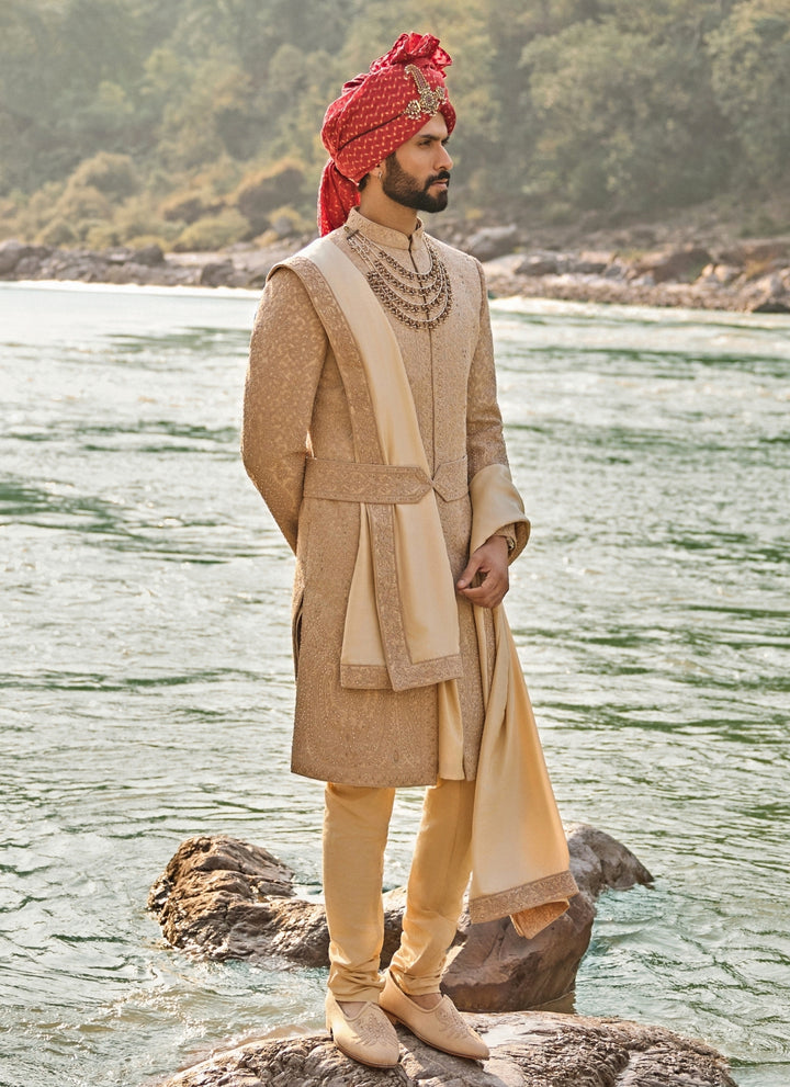 Muted Brown Raw Silk Sherwani Set