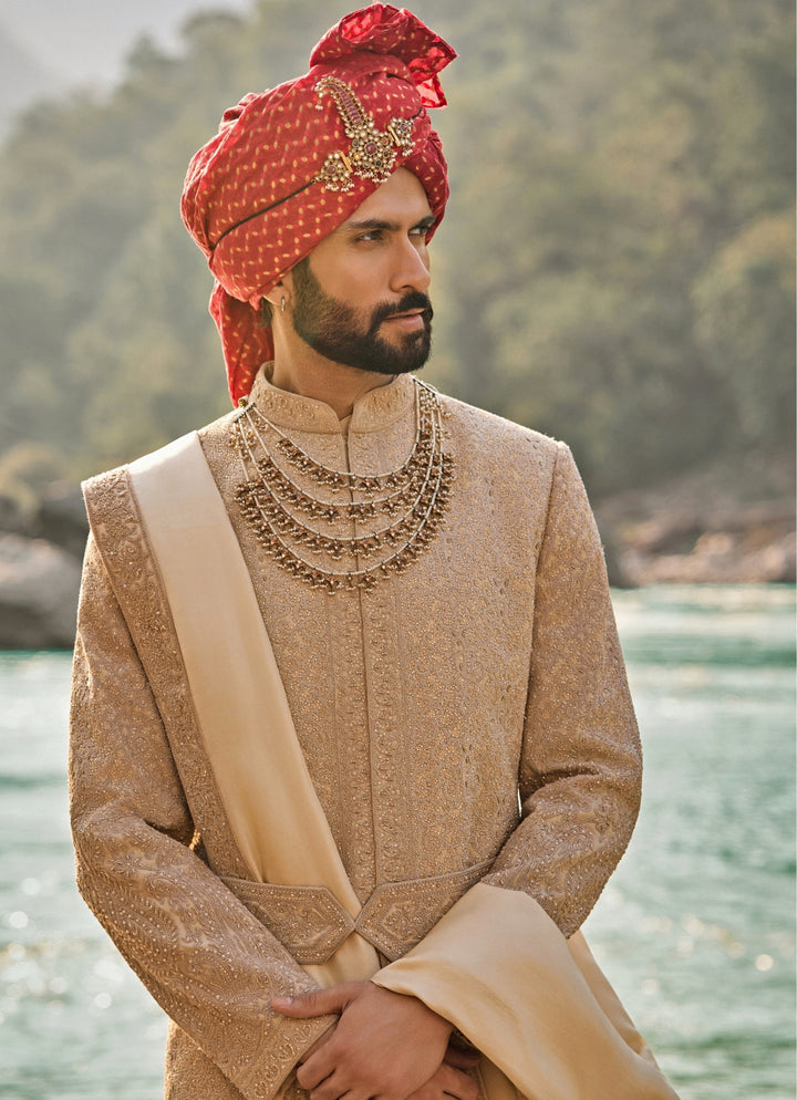 Muted Brown Raw Silk Sherwani Set