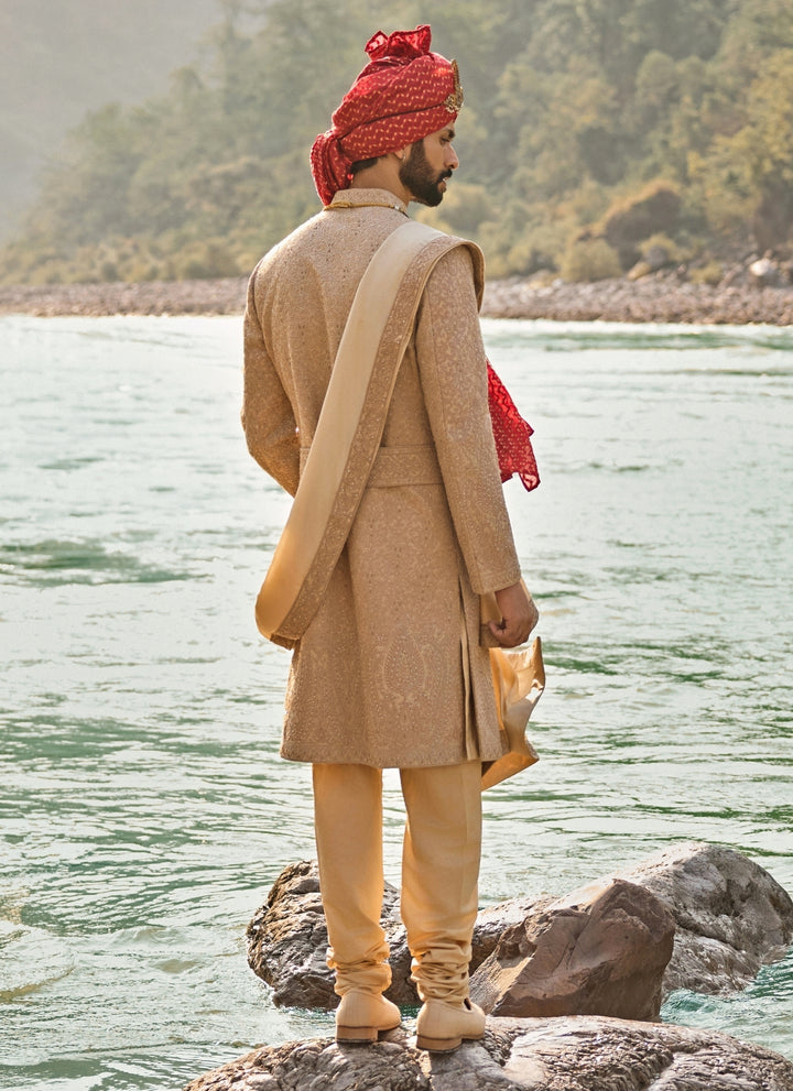 Muted Brown Raw Silk Sherwani Set