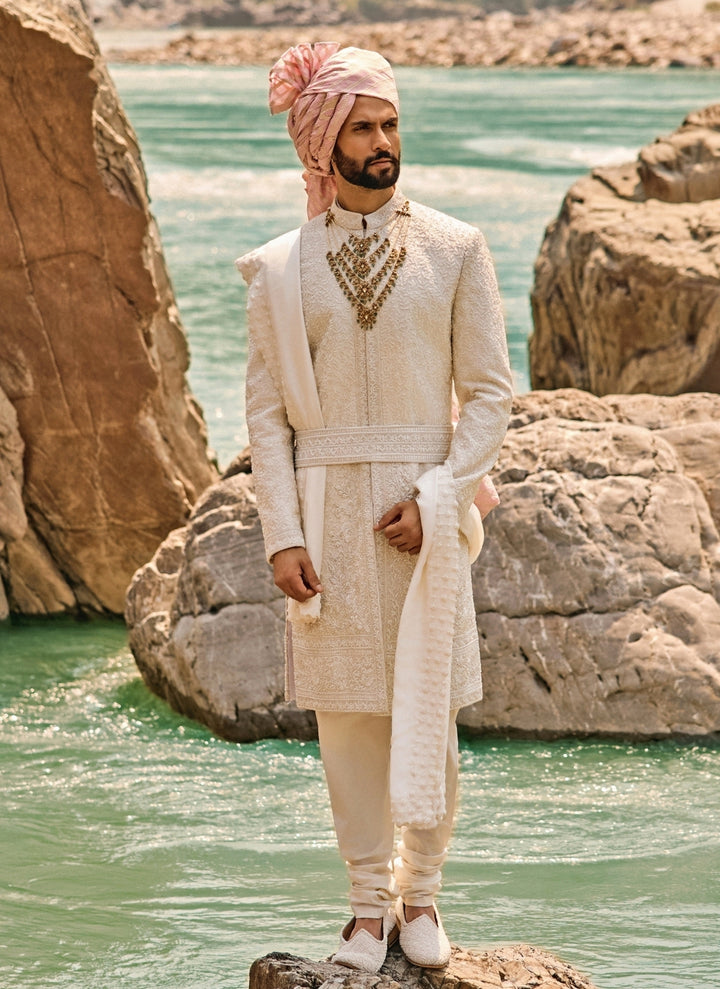 Ivory Raw Silk Sherwani Set