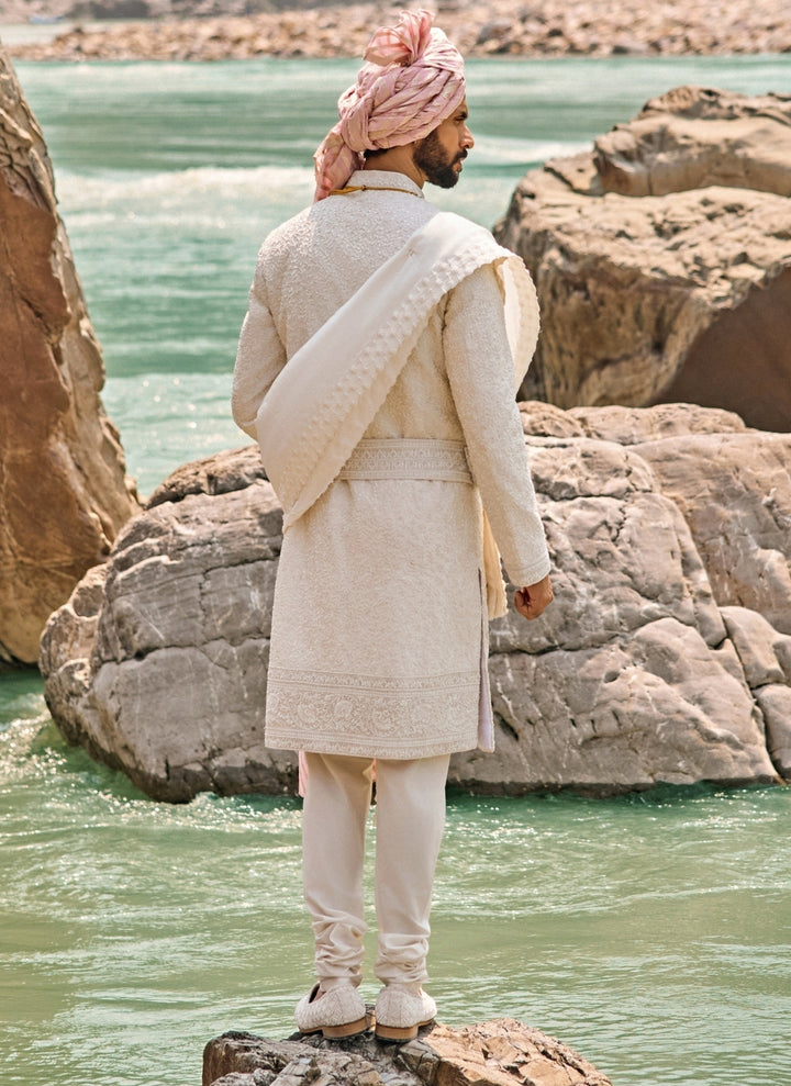 Ivory Raw Silk Sherwani Set