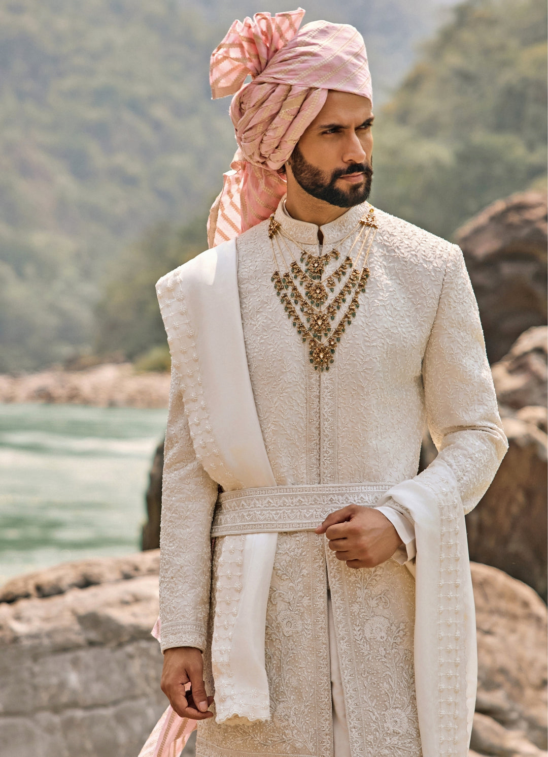 Ivory Raw Silk Sherwani Set