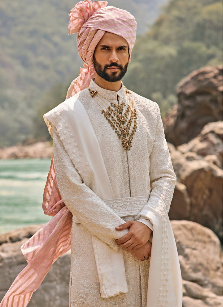 Ivory Raw Silk Sherwani Set