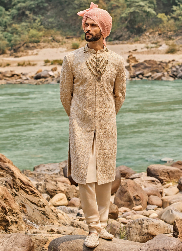 Champagne Gold Raw Silk Sherwani Set