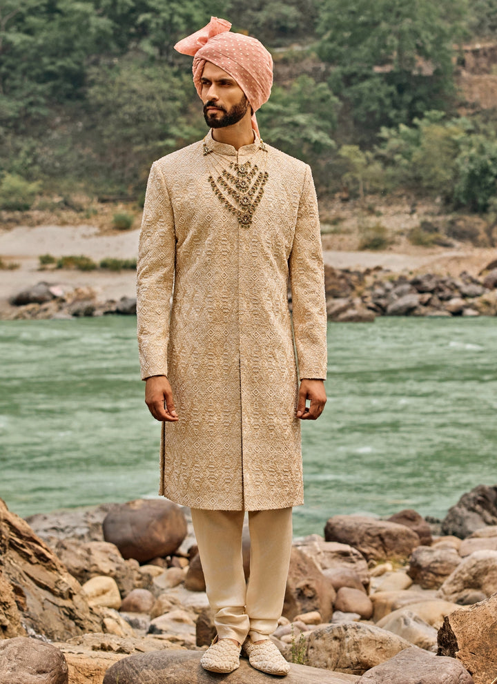 Champagne Gold Raw Silk Sherwani Set